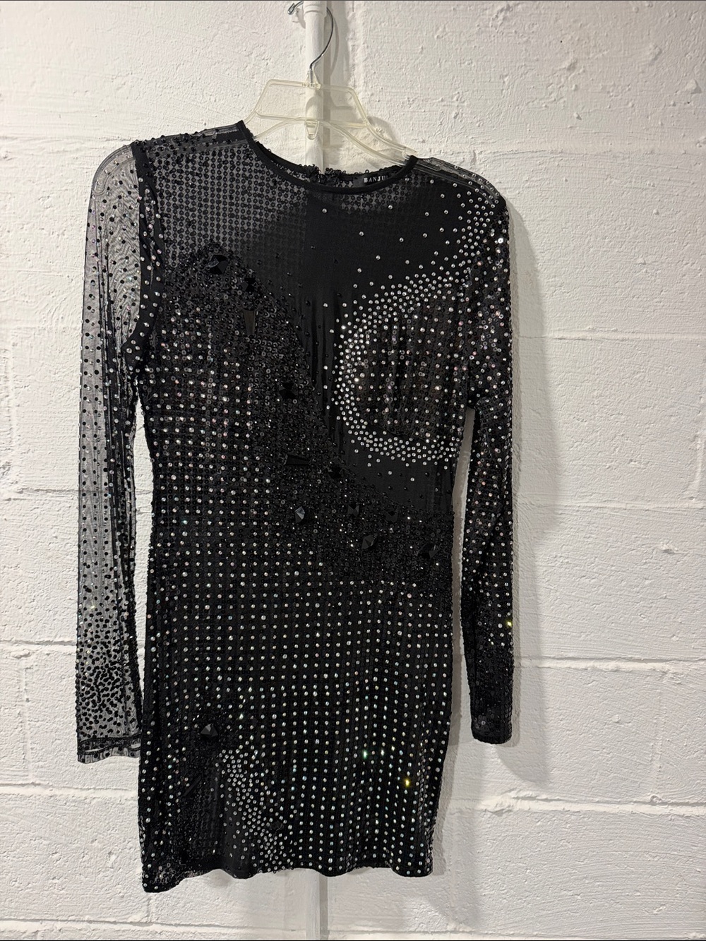 Black Embellished Long-Sleeve Mesh Mini Dress